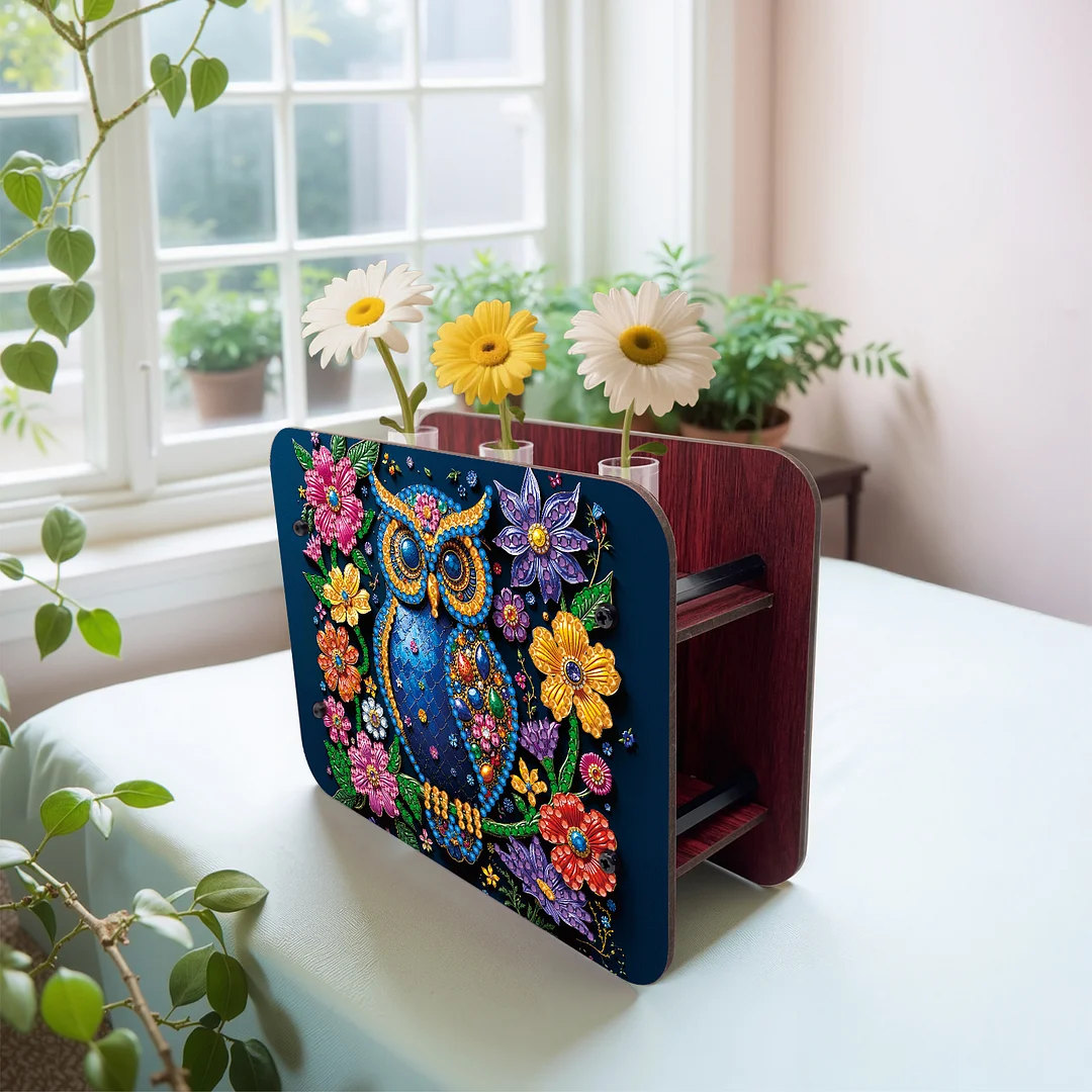 Gem Owl DIY Diamond Painting Wooden Tube Vase for Adults Gift Idea Home Decor