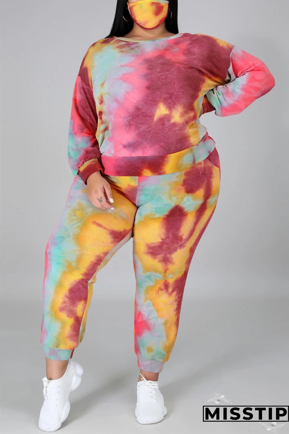 multicolor Fashion Casual Print Tie Dye Tie-dye Backless O Neck Plus Size Set