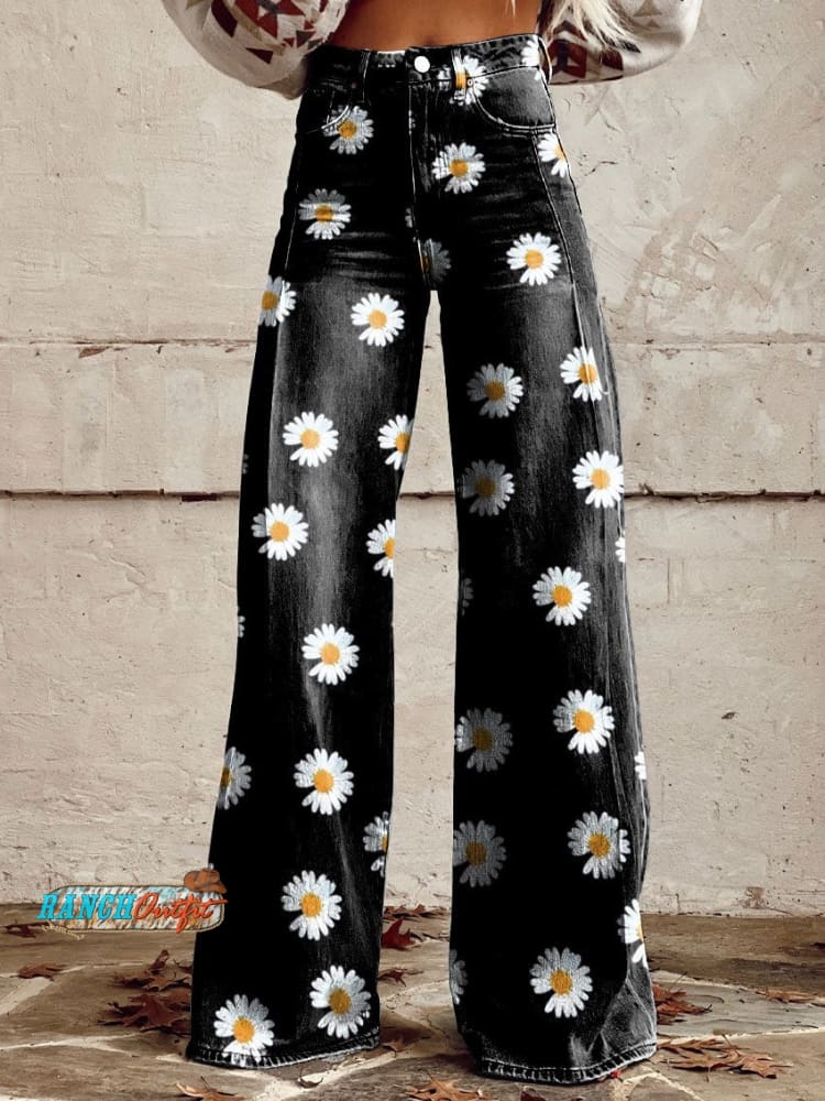 Women’s Vintage Daisy Print Casual Wide Leg Pants Multicolor / S
