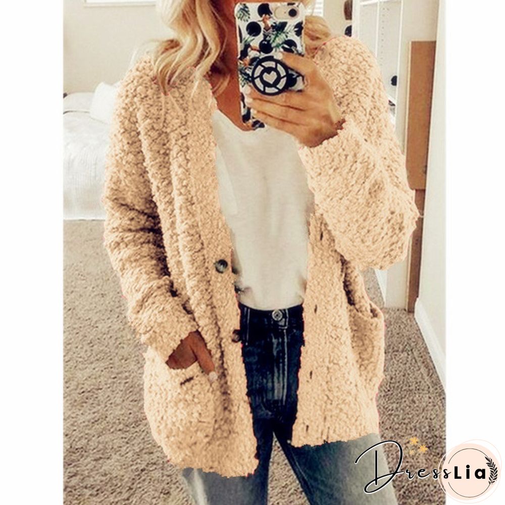 Women Winter Fashion Loose Long Sleeve Solid Color Plush Cardigan Sweater Coat Tops Button Casual Outwear XS-5XL