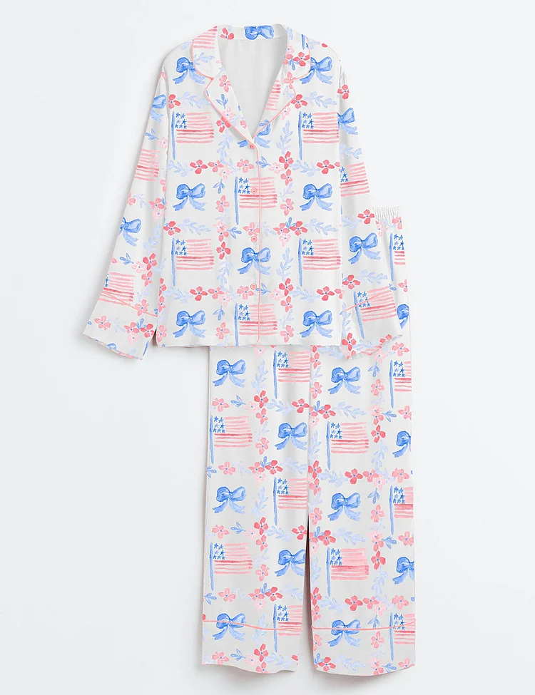 Women&rsquo;s Watercolor Patriotic 4th Of July Independence Day USA Flag Long Sleeve Satin Pajama Set