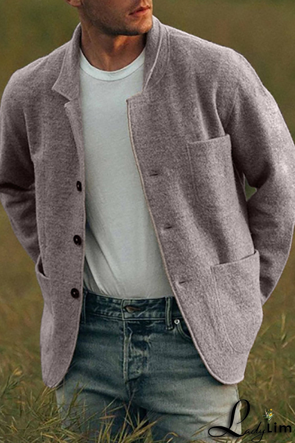 Khaki Fashion Casual Solid Pocket Buckle Turndown Collar Outerwear