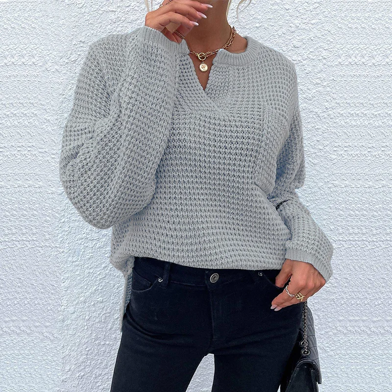 Uveng Uveng Fashion Women's Top Knit Jumper Long Sleeve V-Neck Pocket Solid Color Sweater Women's Knit