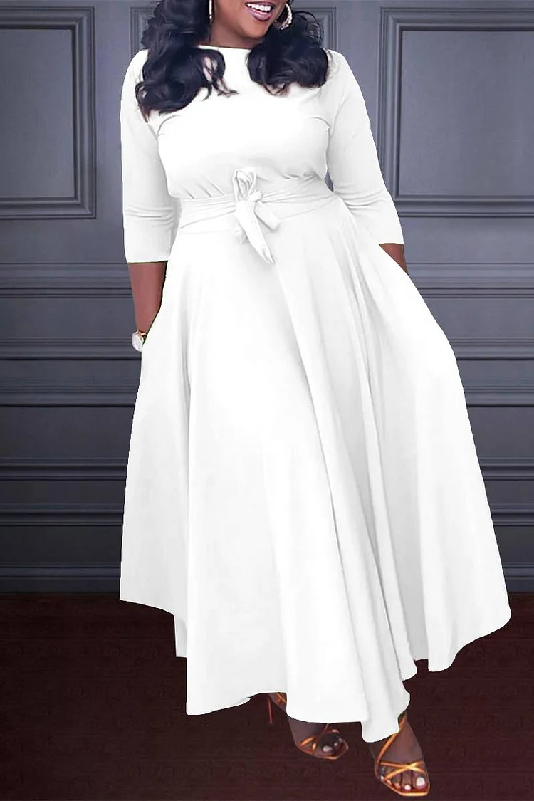 Plus Size White Casual Round Neck With Pocket Wrap Maxi Dress 