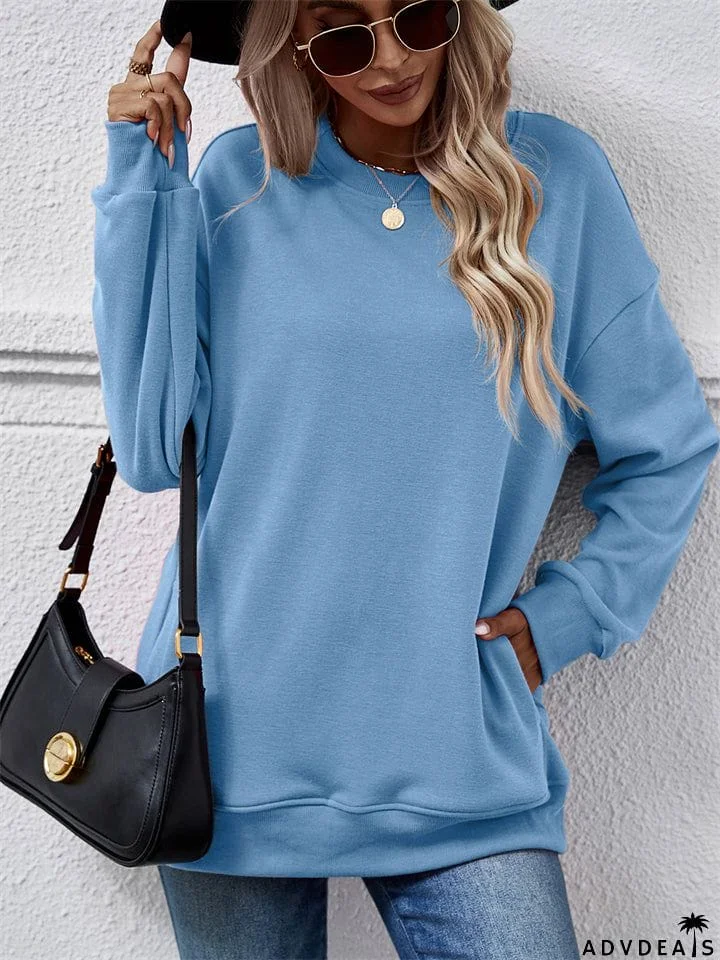Women's Fleece Loose Round Neck Pocket Tops Hoodies