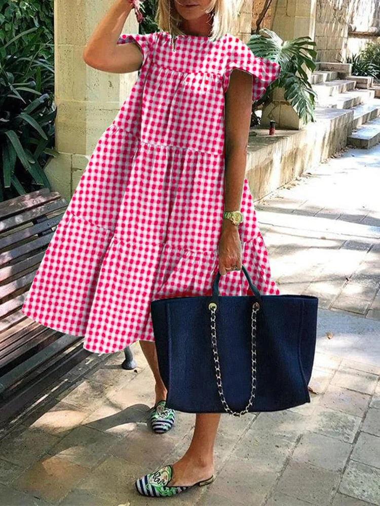 VONDA Summer Cotton Dress Women Casual Short Sleeve Ruffled Cuff Dresses Loose Patchwork Bohemian Vestidos  Knee-Length Dress