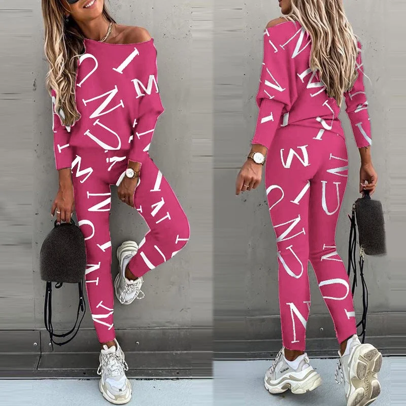 Woman Letters Printed Long-sleeved Pants Suit Leisure Suit