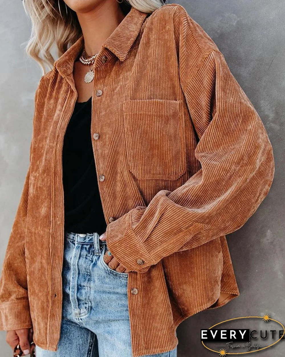 Lapel Loose Plain Long Sleeve Shirt Coat