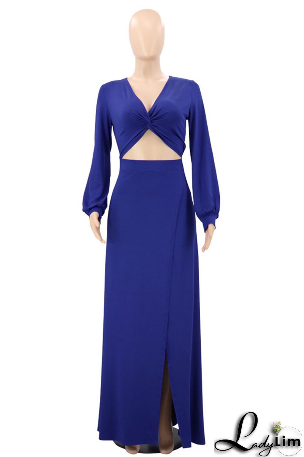 Blue Fashion Casual Solid Slit V Neck Long Sleeve Two Pieces