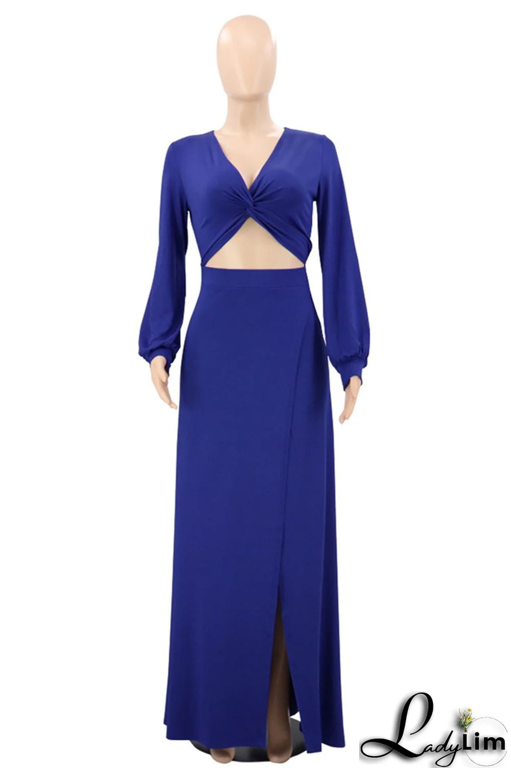 Blue Fashion Casual Solid Slit V Neck Long Sleeve Two Pieces
