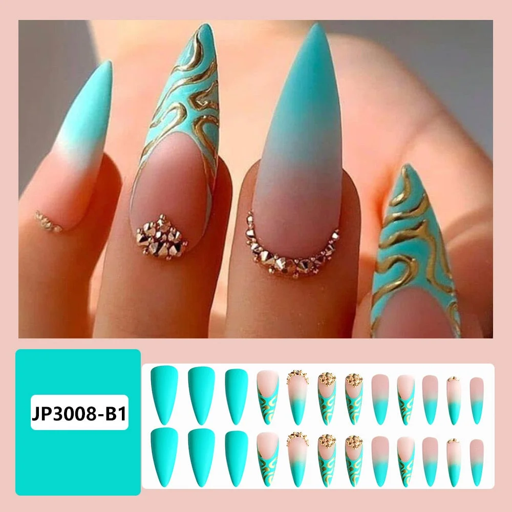 Xpoko Long Stiletto False Nails Gradient Light Green Wearable French Fake Nails Press On Nails Striped Diamond Design Manicure Tips