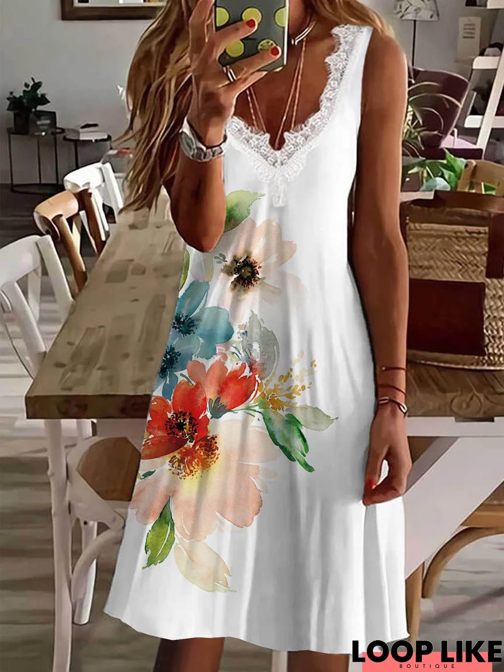 Floral V-Neck Cotton Blends Lace-Embellished Knit Tank Dress