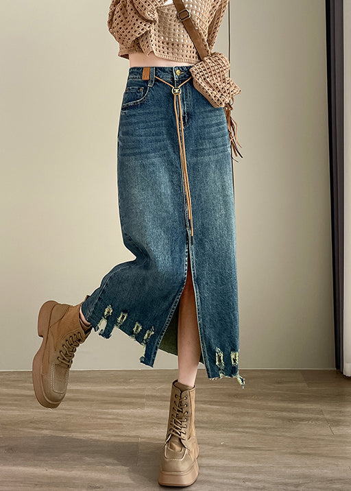 VCSHOES Loose Blue Hole Pockets High Waist Denim Skirt Spring