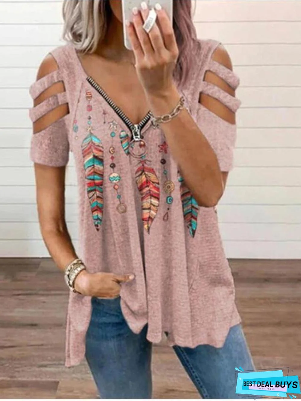 V-neck Zipper Pullover Printed Short Sleeve Loose T-shirt Women's Jacket