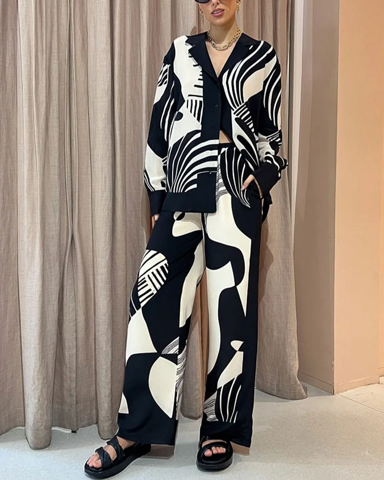 Abstract Art Print Shirt And Pants Two-Piece Set