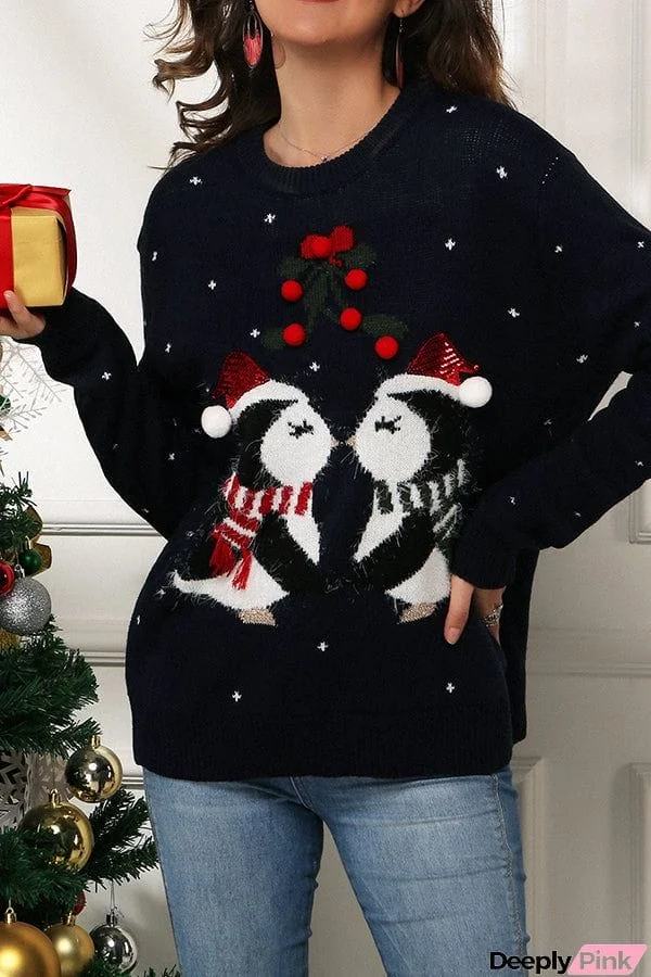 Christmas Print Crew Neck Long Sleeve Sweater