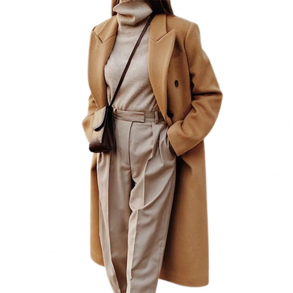 UForever21 Lapel Double Breasted Woolen Suit Jacket Long Sleeve Solid Color Long Woolen Elegant Coat Female Clothing