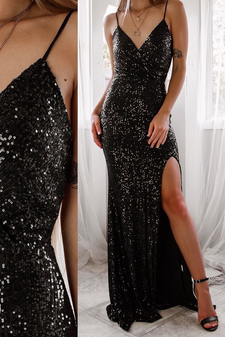 Lvs&Broner Sequins Spaghetti Strap V Neck Sleeveless Long Prom Dress With Side Split