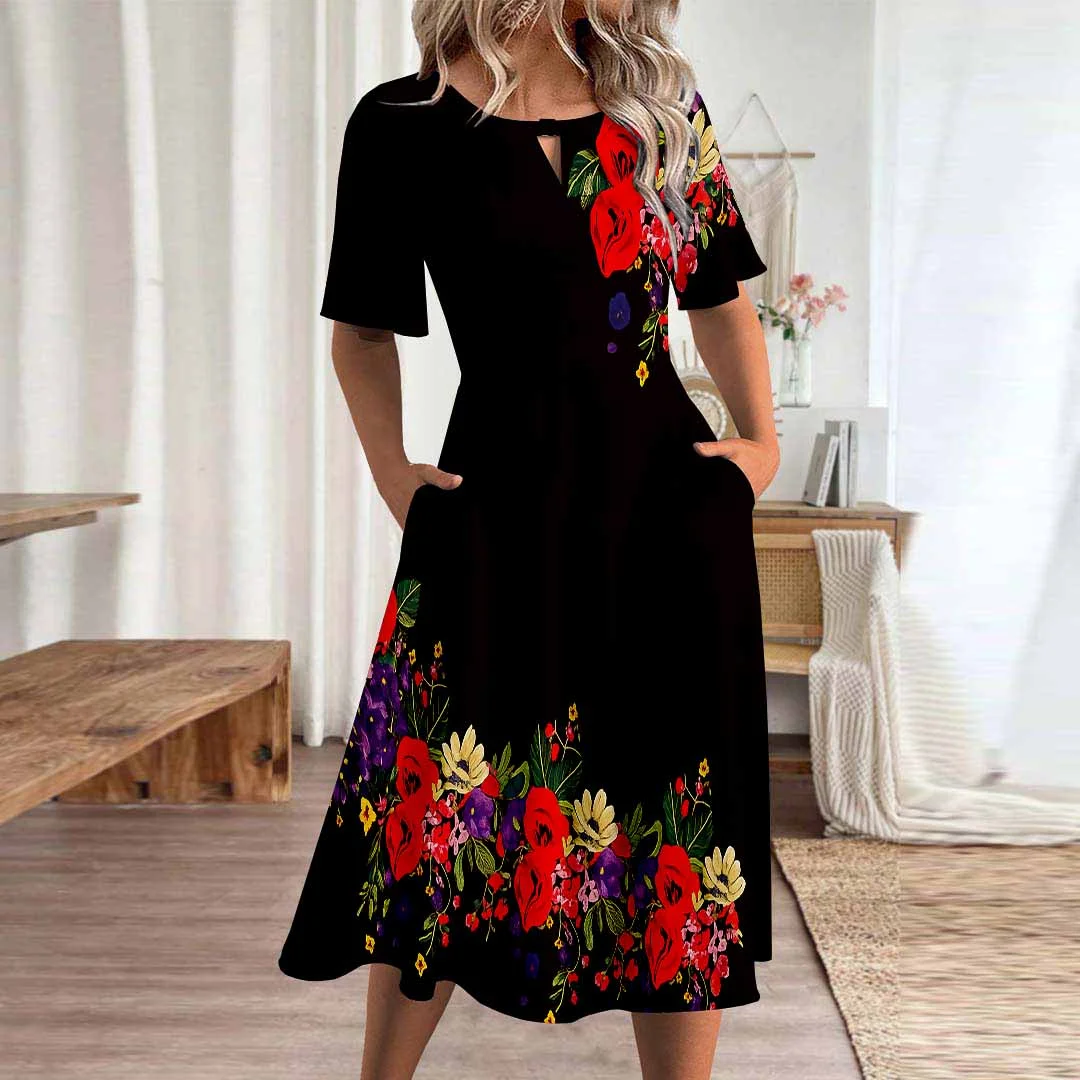 Women Floral,Black DZHA8317 Short Sleeve Scoop Neck Graphic Printed Hollow Midi Dress