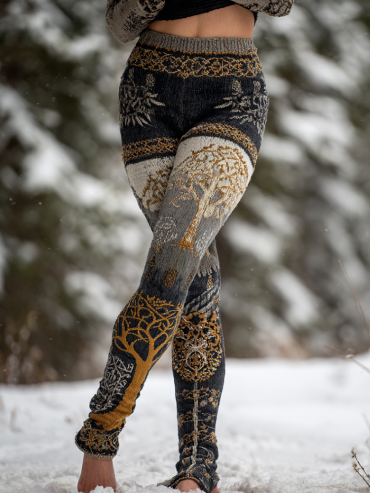 Women's Viking Style Golden Tree Of Life Plant Color-blocked Art Leggings elevenforest