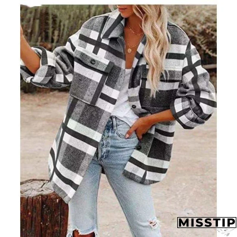 Women's Long Sleeve Loose Plaid Shirt Woolen Coats