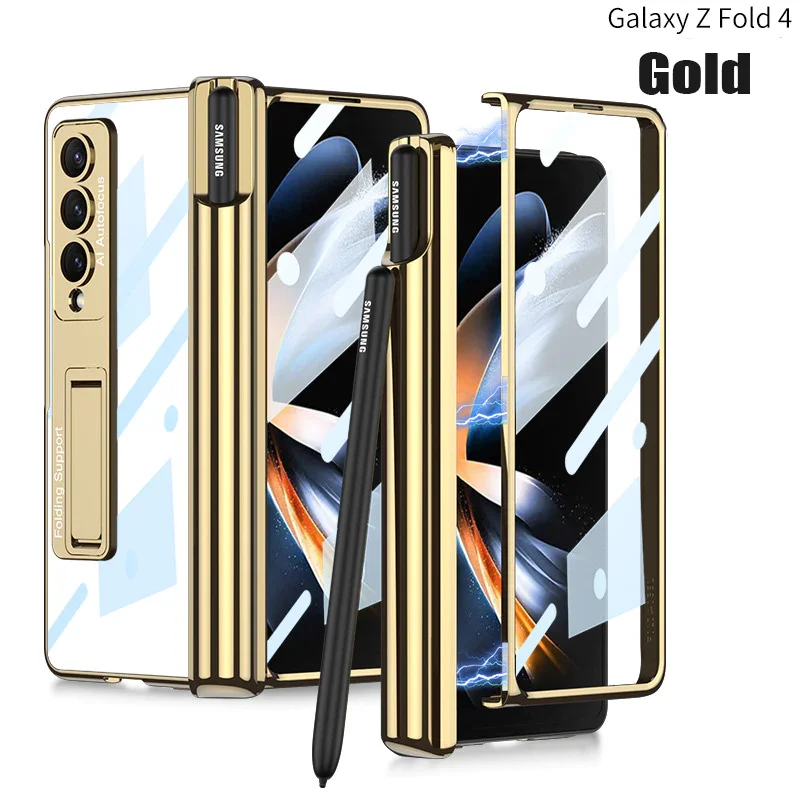 For Samsung ZFold4 Magnetic Hinge Folding Shell Film Electroplating Bracket Pen Slot Mobile Phone Case
