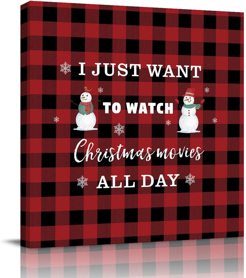 Home Decor Canvas Wall Art Bedroom Art Painting for Living Room,I Just Want to Watch Christmas Movies All Day Snowman Plaid Print Office Art Pictures Framed Artwork Art Wall Prints,8x8in 8 x 8 Inch