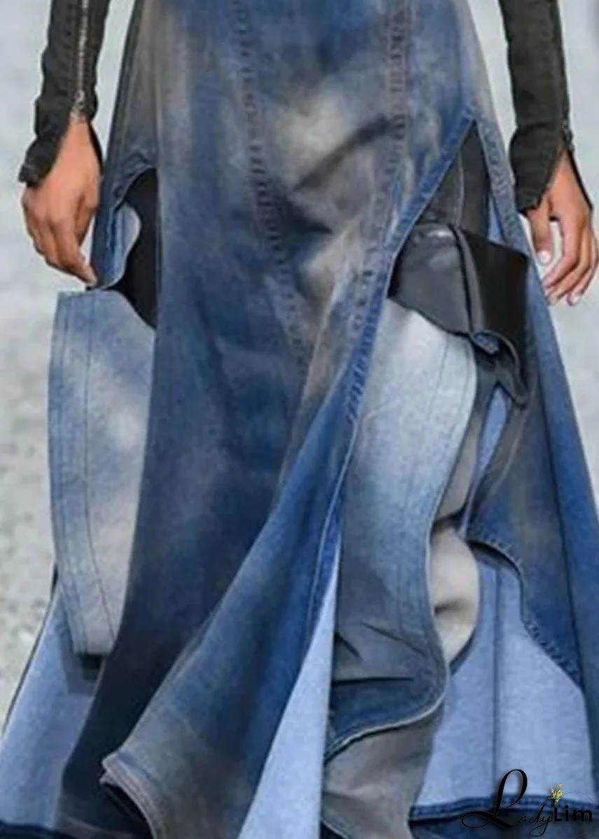 French Blue Asymmetrical Patchwork Denim Skirts Summer