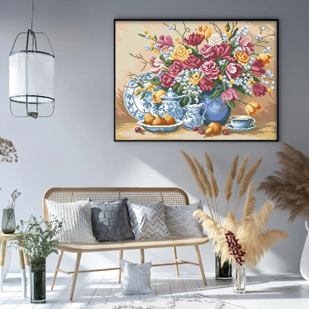 9CT Full Stamped Cross Stitch Bead Embroidery- Flower(Canvas|51*40CM)