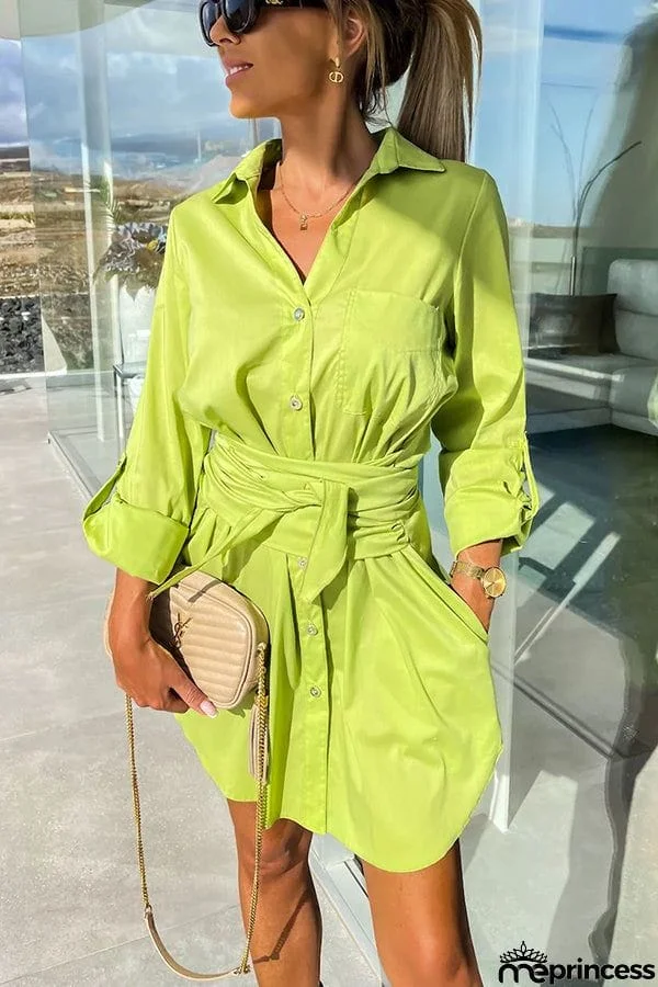 Sun Valley Tie Front Button Pocketed Shirt Mini Dress