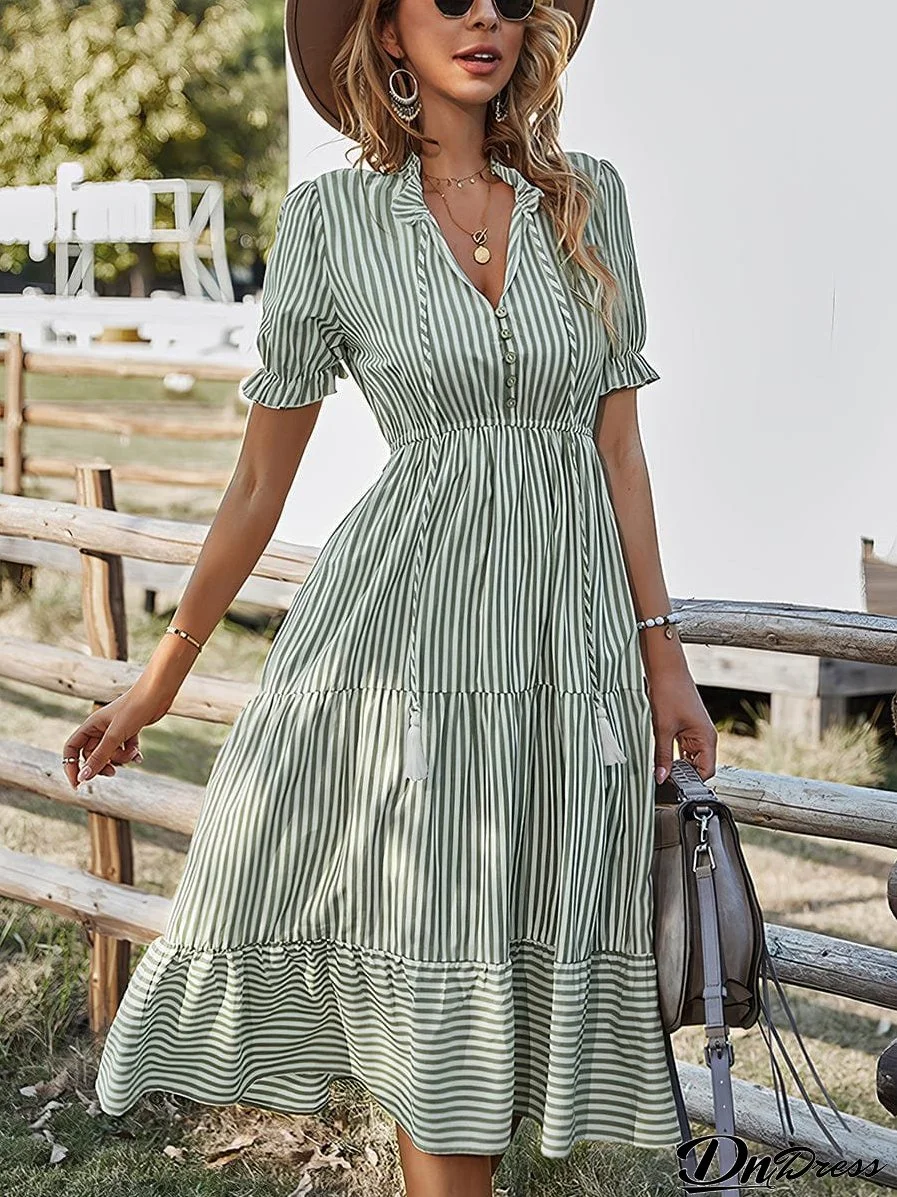 Fashion Striped Temperament Midi Dress
