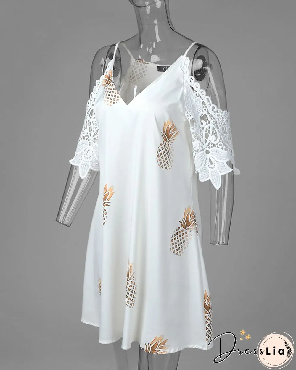 Pineapple Print Cold Shoulder Crochet Lace Dress