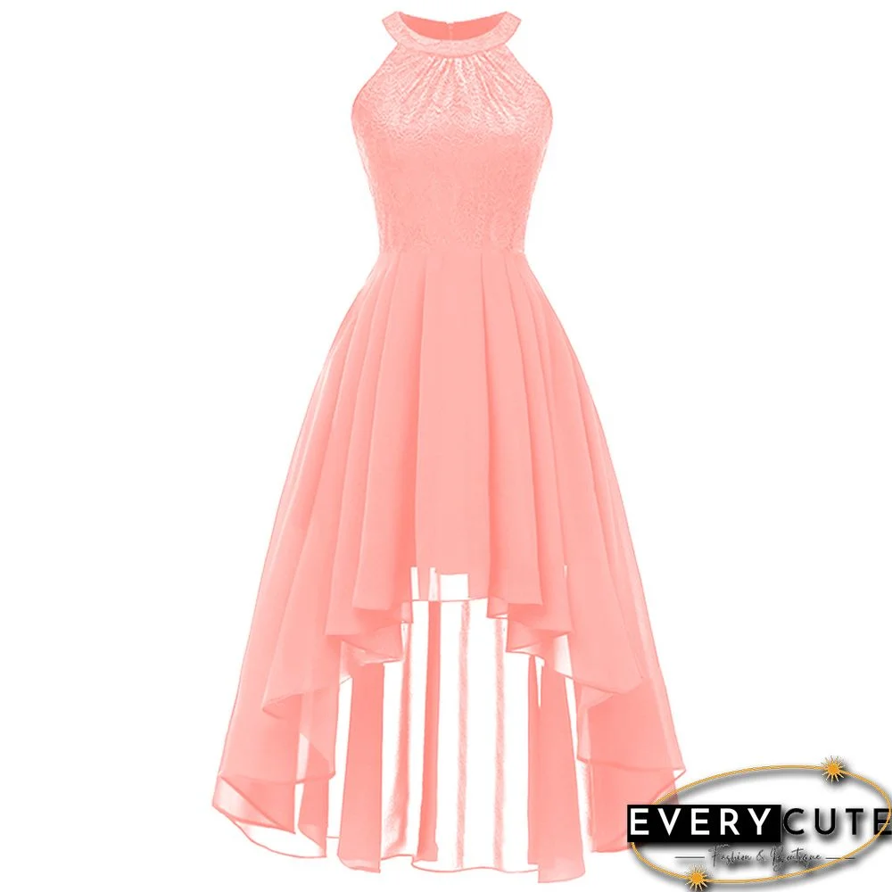 Pink Halter Lace Chiffon Evening Dress