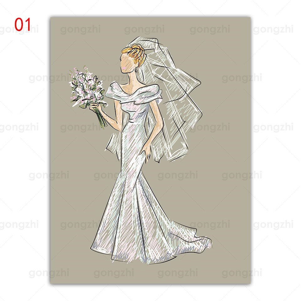Bride and Groom Art Poster On The Wall Romantic Couple Picture Print Canvas Painting Modern Home Bedside Background Decoration