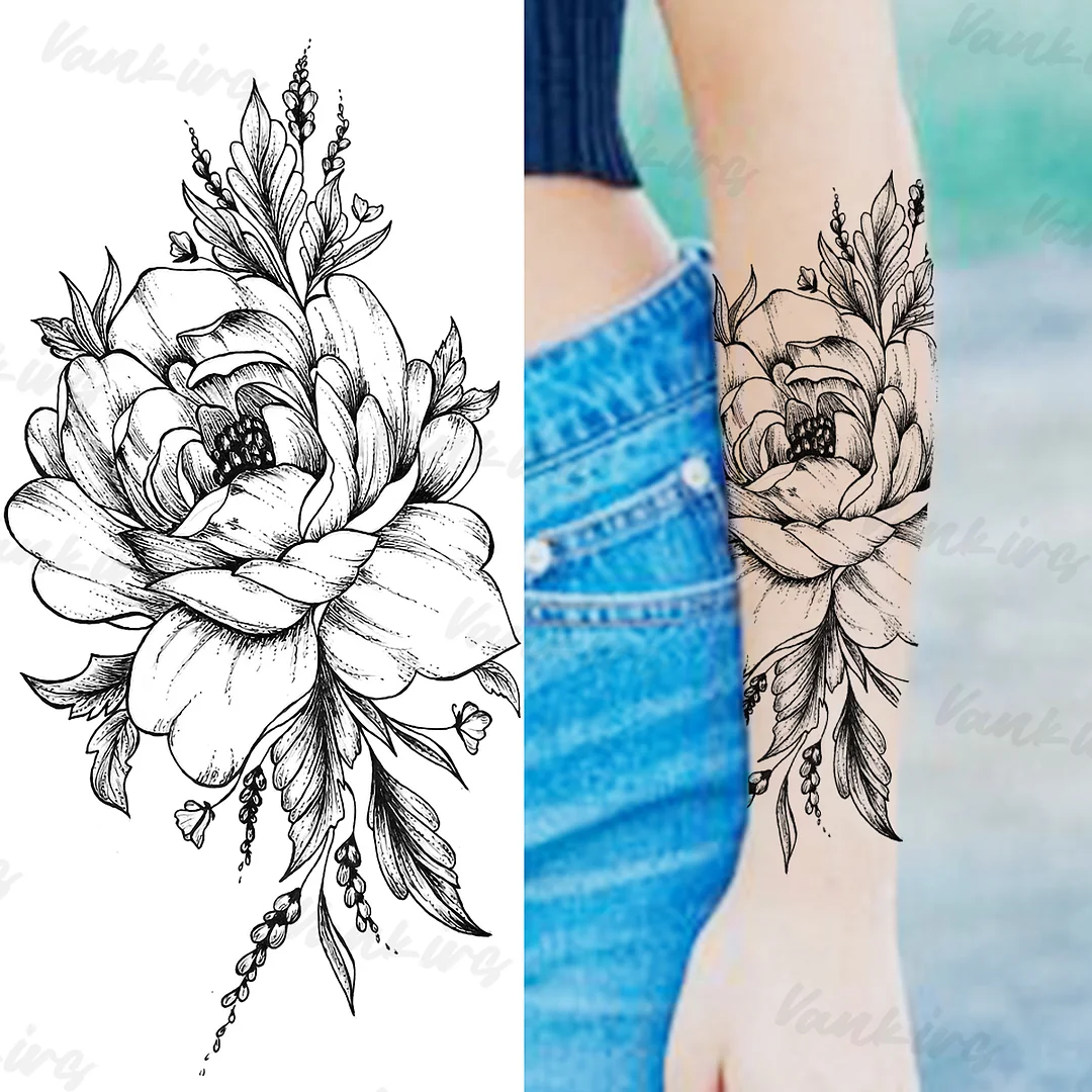 Sdrawing Peony Temporary Tattoos For Women Girls Realistic Anchor Butterfly Flower Fake Tattoo Sticker Sexy Body Arm Tatoos DIY