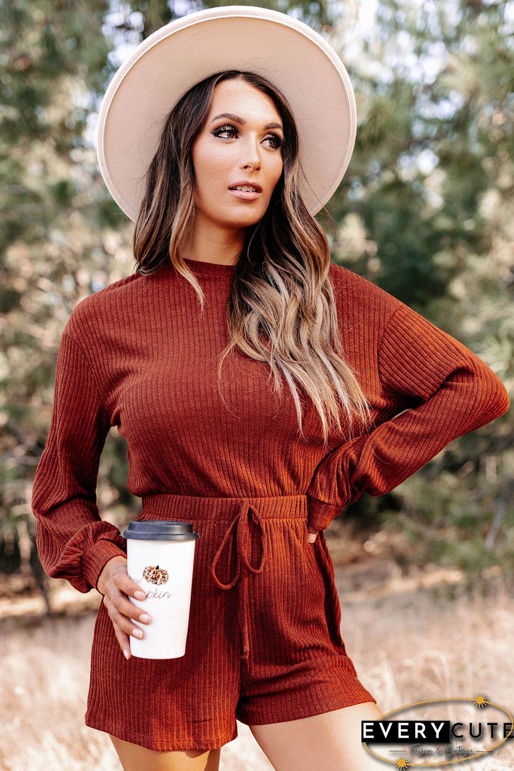 Red Ribbed Long Sleeve Romper