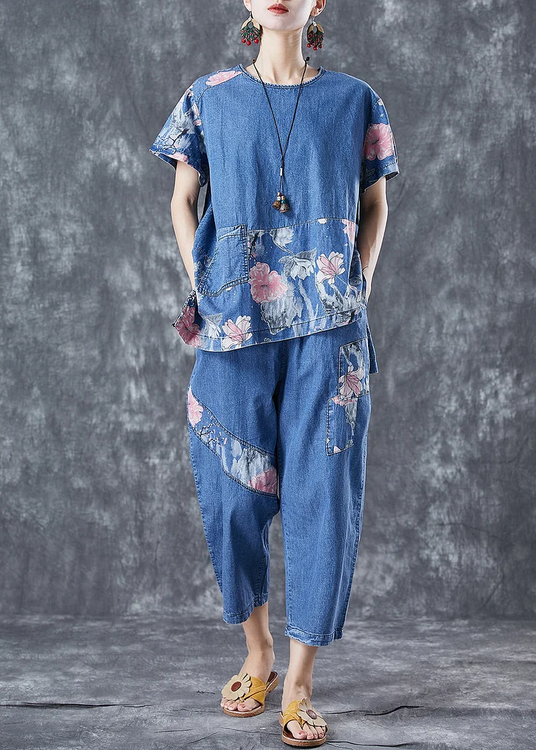 Elegant Blue Asymmetrical Patchwork Print Denim Two-Piece Set Spring