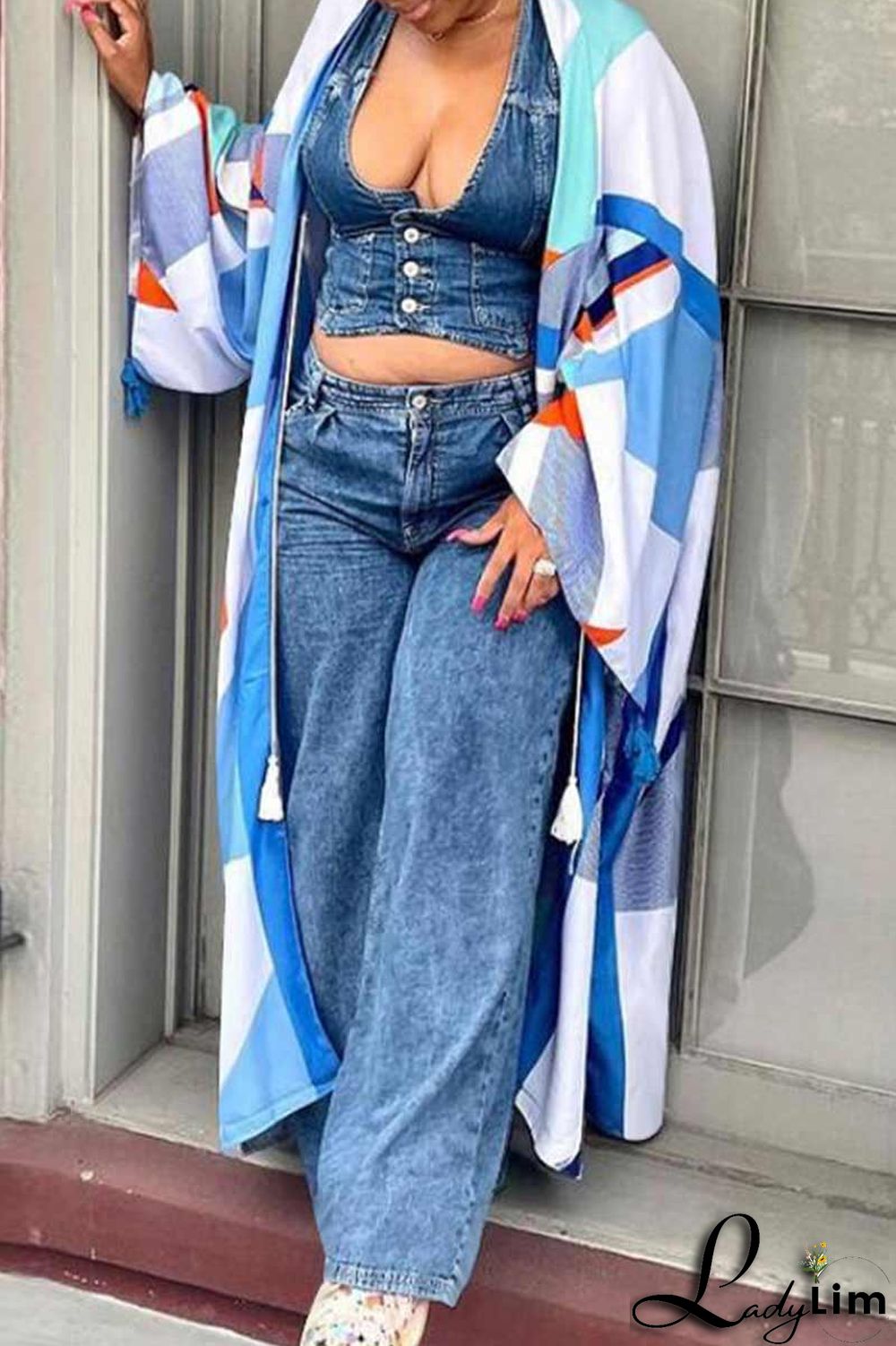 Yellow Fashion Casual Print Patchwork Outerwear(Without Belt)