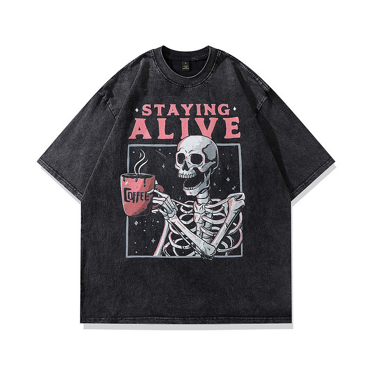 Sopula Men Vintage Acid Wash Black Skull Graphic T-Shirt