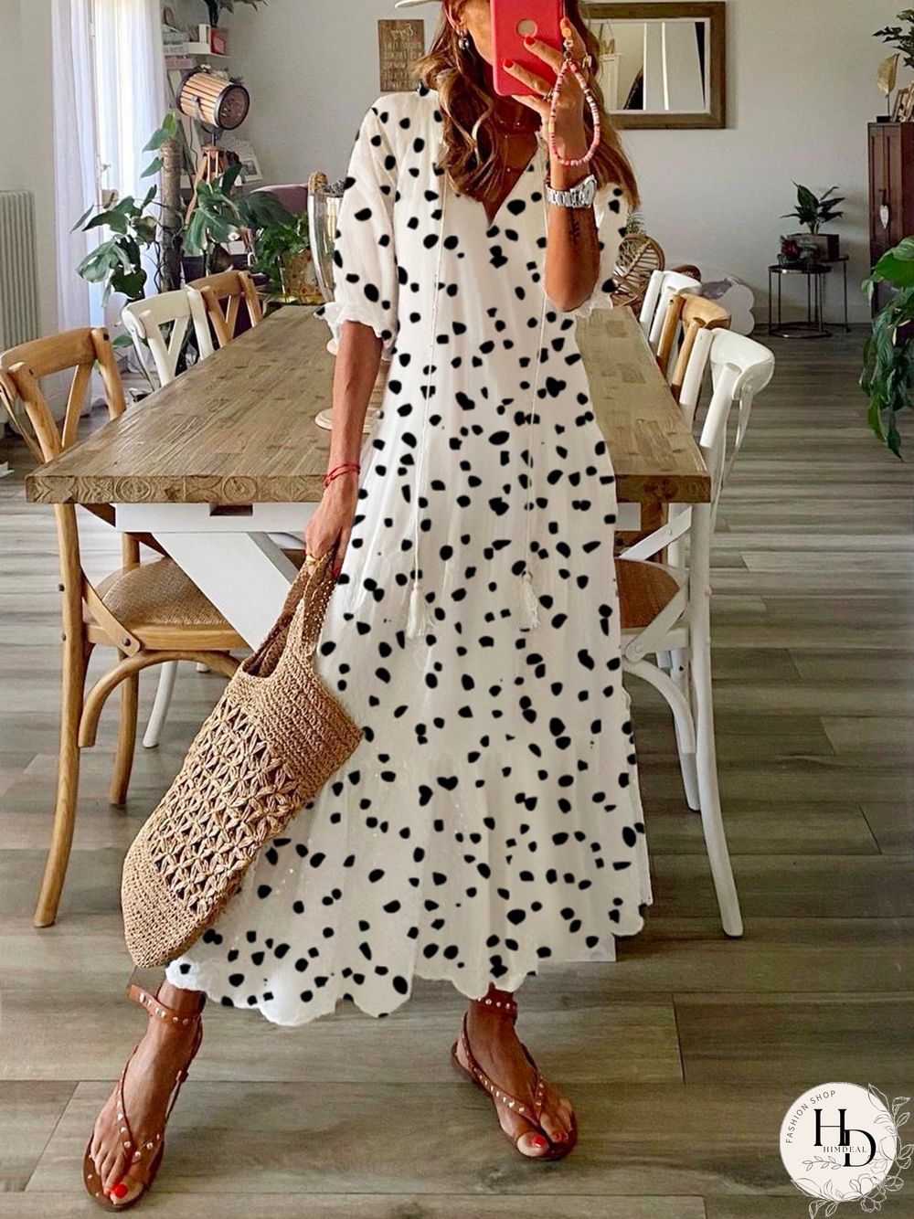 Casual Polka Dots Half Sleeve V Neck Printed Dress