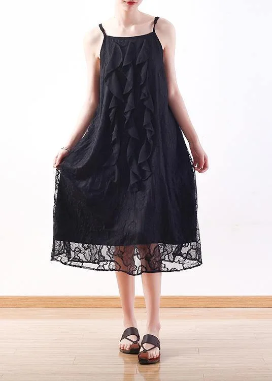 Elegant black Lace Tunics Fine design sleeveless Art summer Dresses