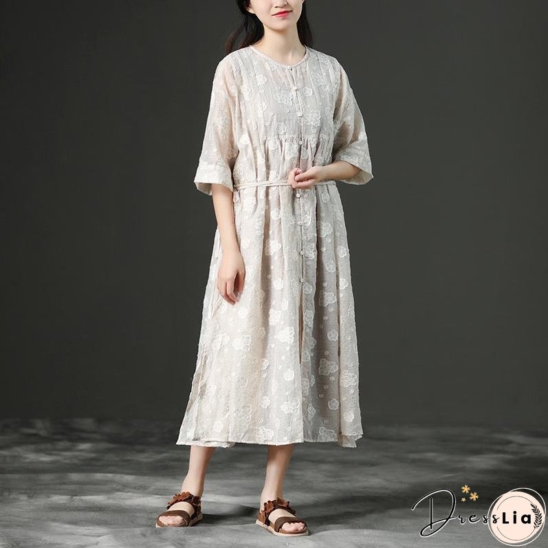 Loose Summer Lacing Beige Long Linen Women Dress