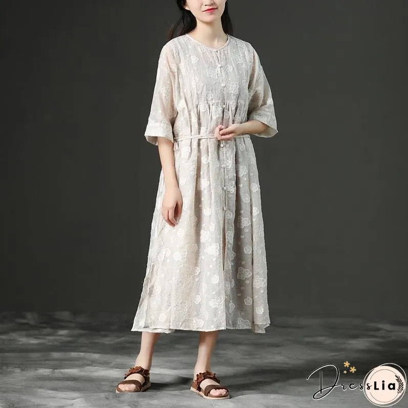 Loose Summer Lacing Beige Long Linen Women Dress