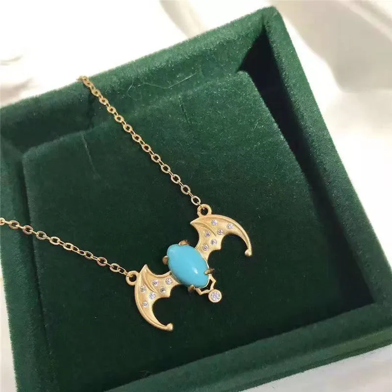 Natural Turquoise Bat Blessing Pendant Necklace