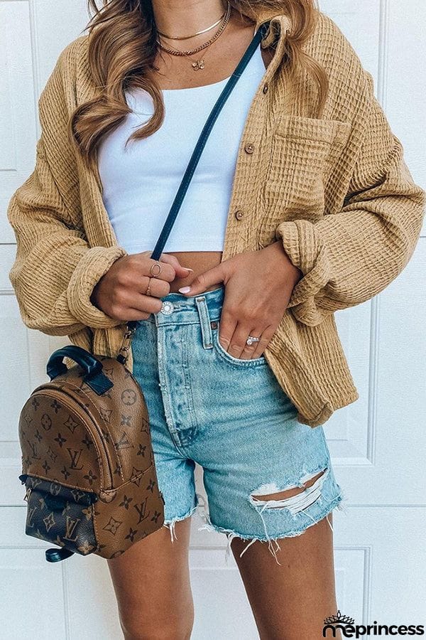 Solid Button Pocket Casual Shirt Waffle Jacket