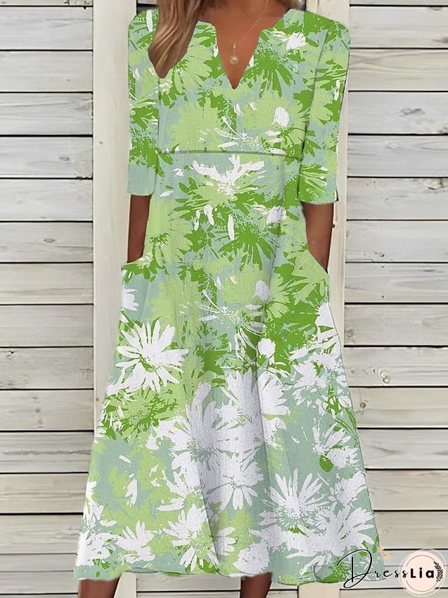 Casual Dress Summer Dress Print Dress Floral Ruched Pocket V Neck Midi Dress Active Fashion Outdoor Daily 3/4 Length Sleeve Loose Fit White Blue Green Summer Spring S M L XL XXL for Women