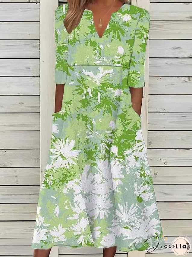 Casual Dress Summer Dress Print Dress Floral Ruched Pocket V Neck Midi Dress Active Fashion Outdoor Daily 3/4 Length Sleeve Loose Fit White Blue Green Summer Spring S M L XL XXL for Women