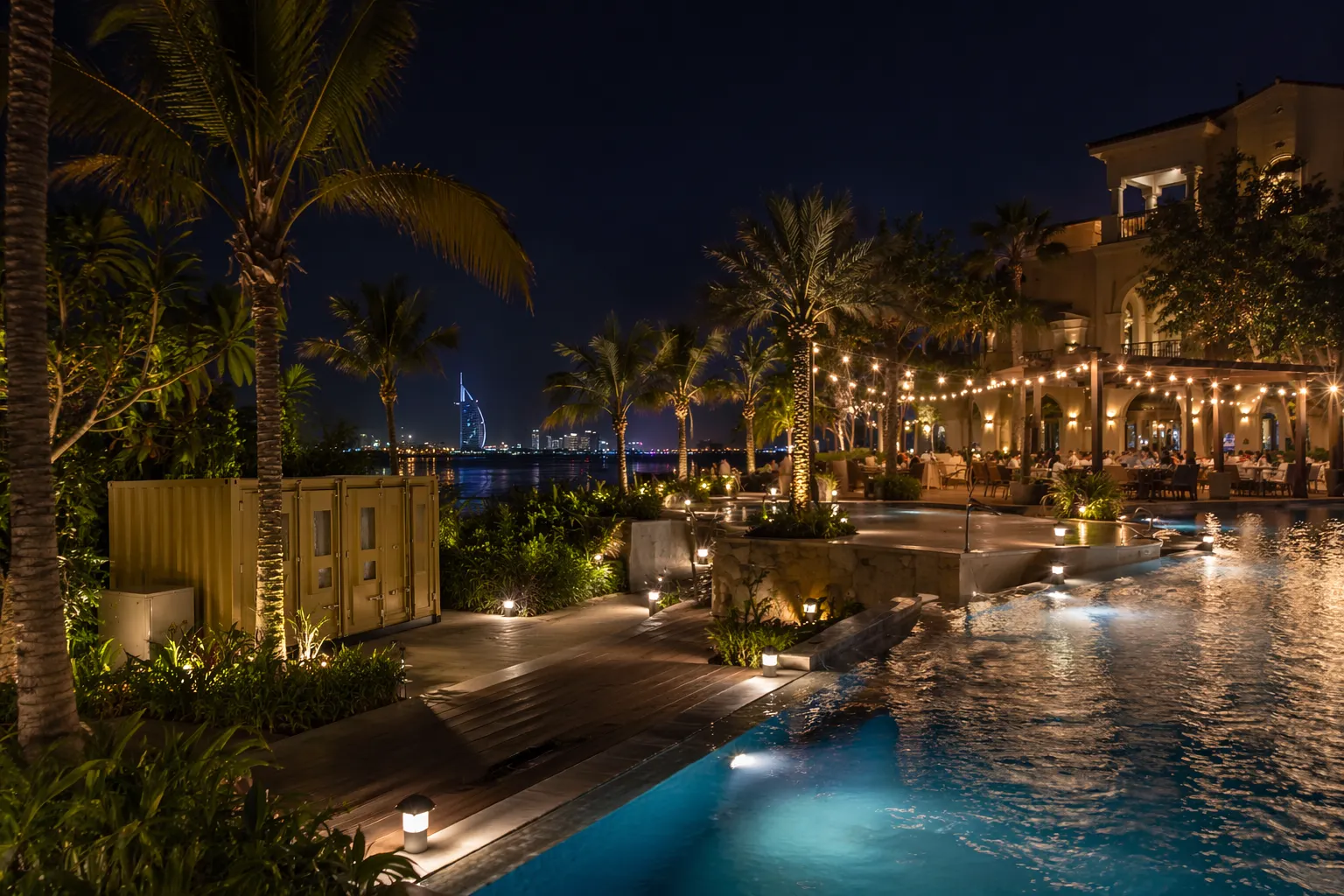Resort night scene with lit pools, villas and dining terraces powered by microgrid