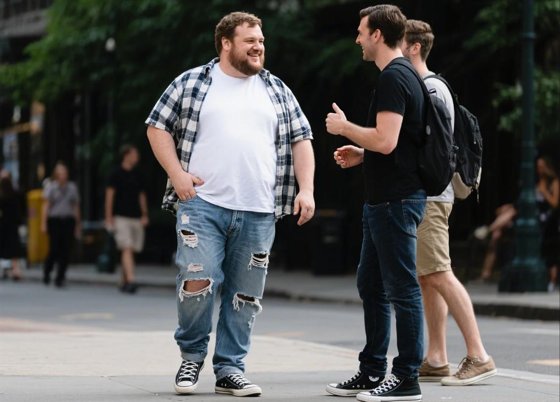 A big and tall men wearing casual distressed jeans