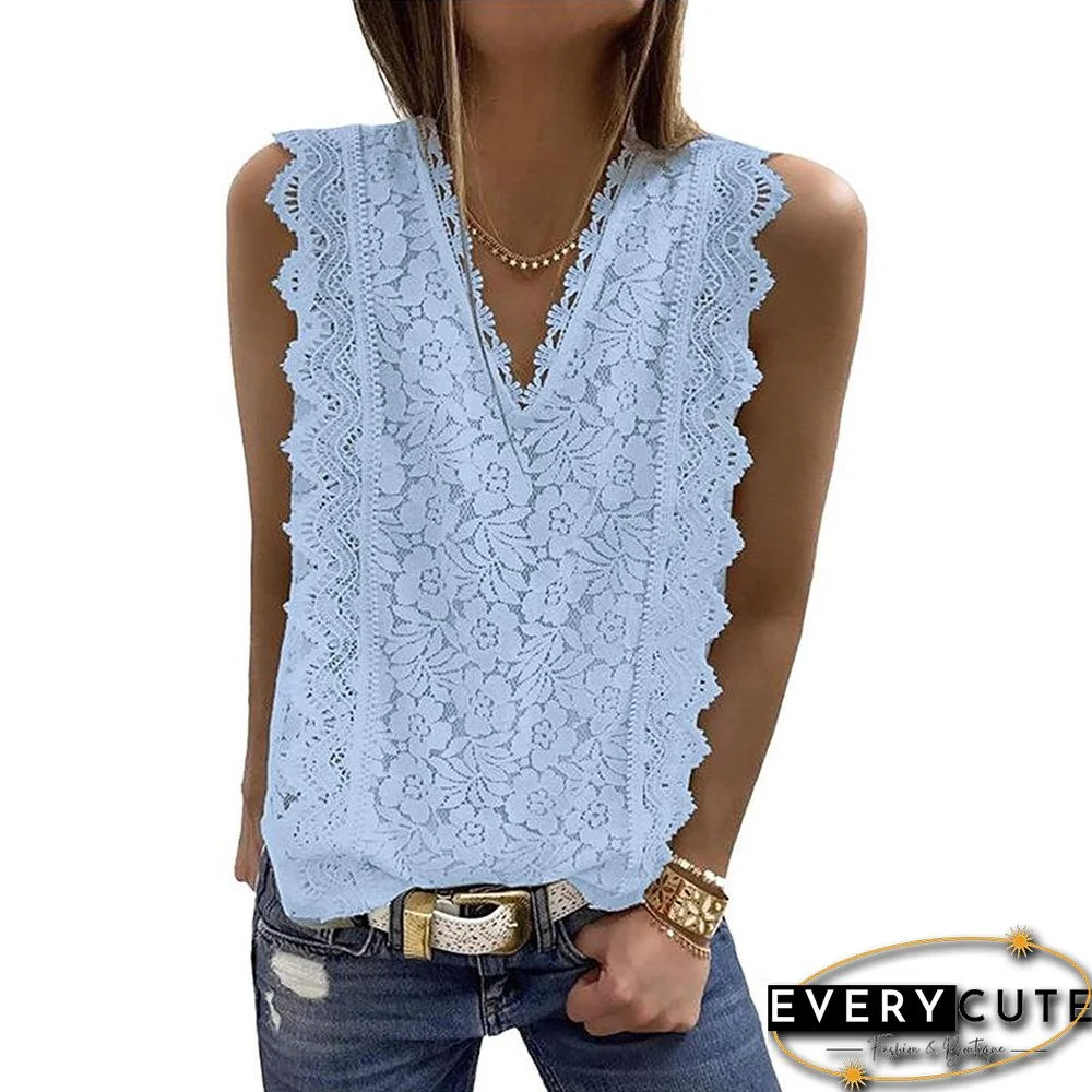 V Neck Ruffled Lace Hollow Shirt